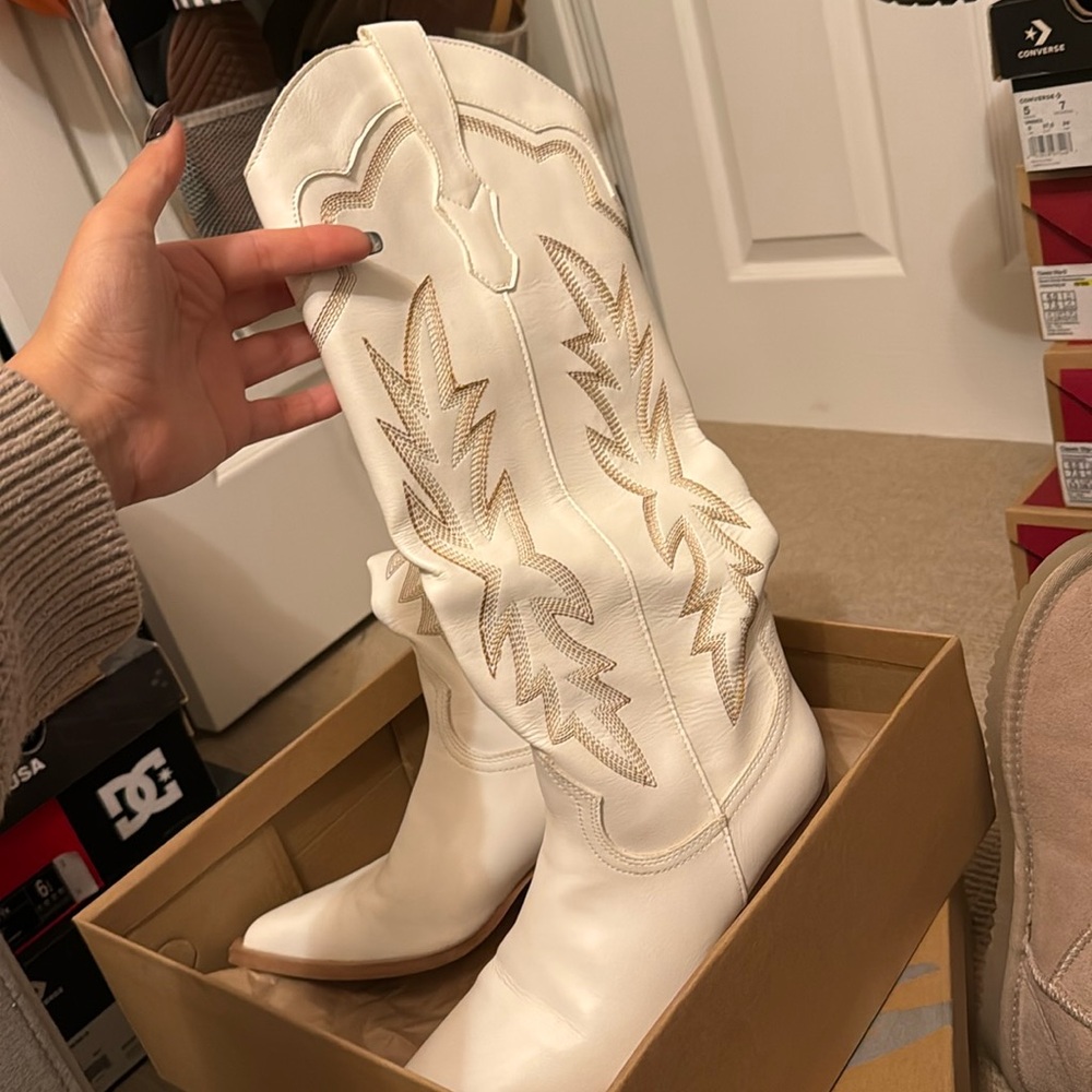 White knee high cowboy boots